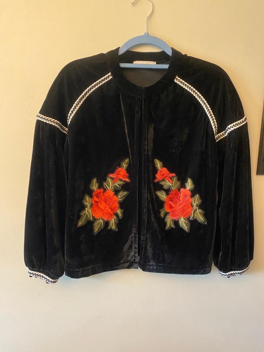 Elodie Black Velvet Bomber Jacket with Red Floral Embroidered Appliqué
